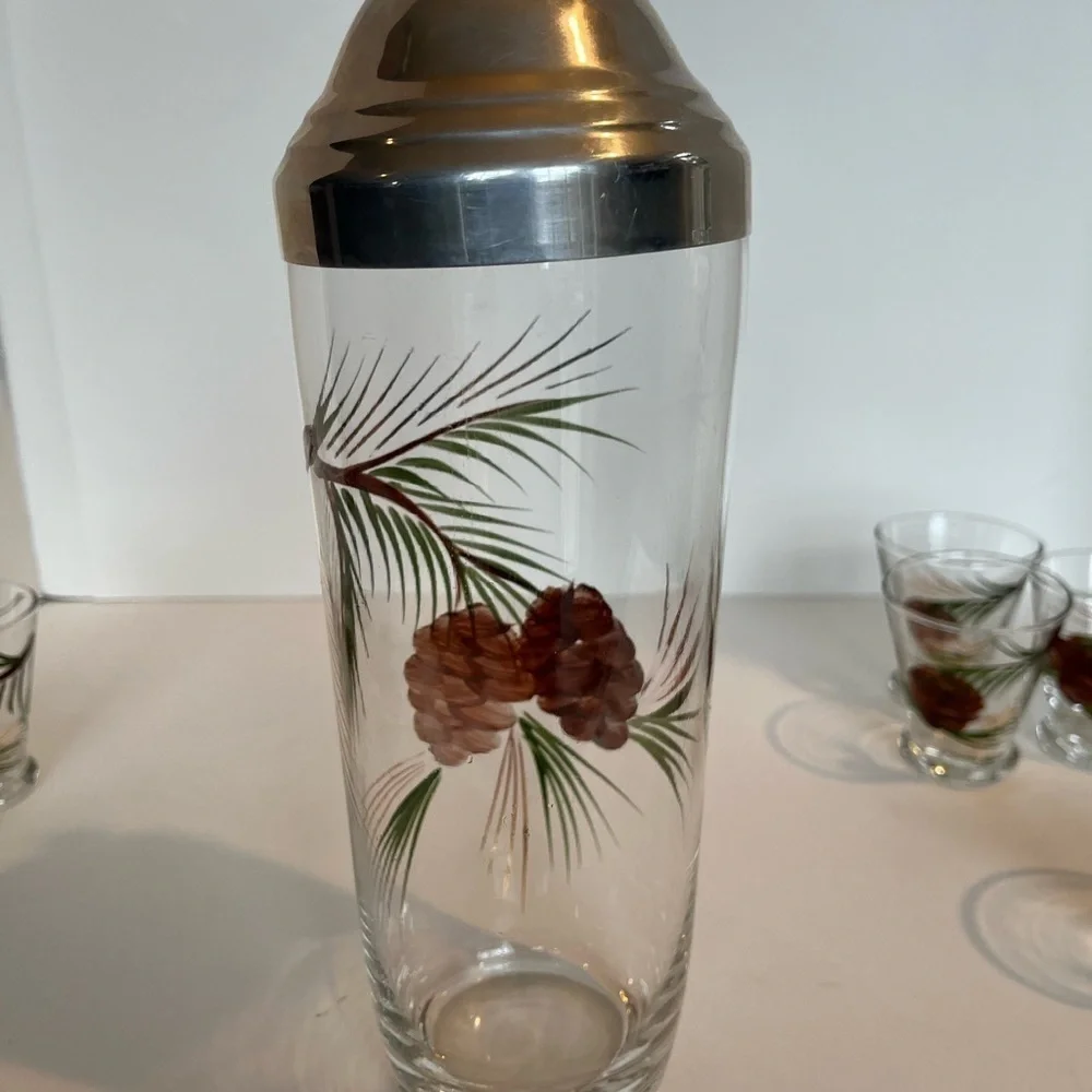 Rare Vintage Cocktail Shaker and Six Glasses Hand-painted Pine and Pinecones